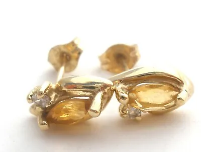 10K Yellow Gold Citrine & Diamond Earrings Marquis Shape Vintage Post Pierced • $96