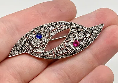£125 • Buy Antique Art Deco French Sterling Silver Lab Ruby Sapphire & Diamond PASTE Brooch
