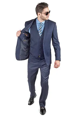 Slim Fit Suit 3 Piece Vested 2 Button Solid Navy Blue Notch Lapel By AZAR MAN • $119