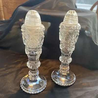 Vintage Cut Crystal? Glass PEDESTAL Tall Salt & Pepper Shakers 6  Clear NICE! • $10