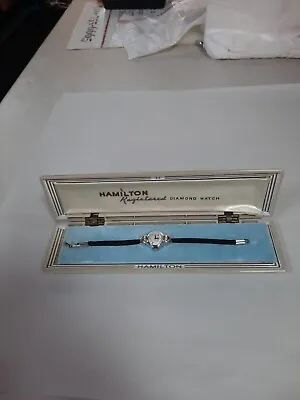 Vintage 10K White Gold 2 Diamond Hamilton Manual Wind Ladies Watch - 1950s 60s • $199