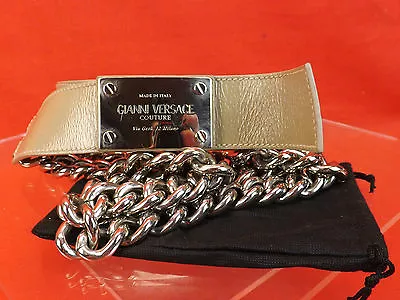 Nwt Gianni Versace Nude Leather 2 Chains Silver Tone Buckle Belt 80 32 $1050   • $259