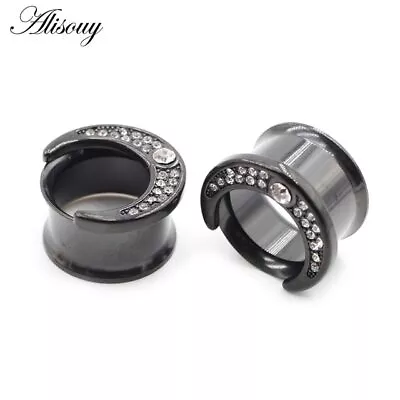 Pair Half Moon Crystal Stones Ear Tunnels Plug Ear Gauges Body Jewelry Piercings • $16.37