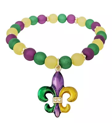 Mardi Gras Theme Fleur De Lis Dangle Charm And Beaded Stretch Bracelet For Women • $17.95