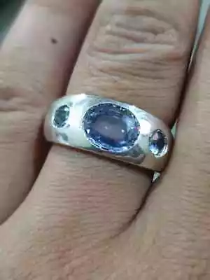 Mens Blue Ceylon Sapphire Ring 925 Sterling Silver Blue Tri Ceylon Sapphire Band • $580