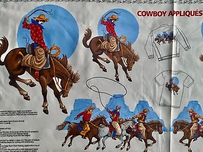 Vtg 10 PANELS Cranston Print Works Fabric Cowboy Applique Western Horse Bronco • $49.99
