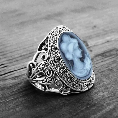 Vintage Oval Lady Cameo Rings Antique Silver Plated Flower Plant Women Ring Band • $19.03
