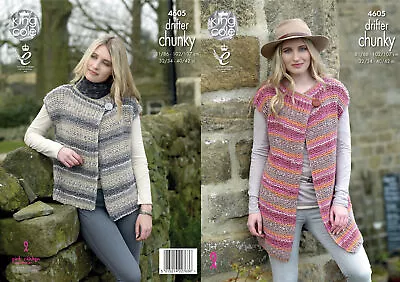 Long Or Short Capped Sleeve Waistcoat Knitting Pattern King Cole Chunky 4605 • £3.99