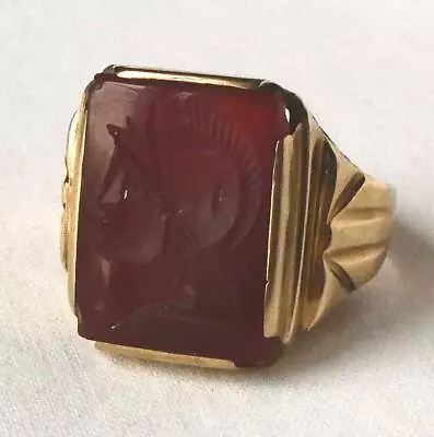 Vintage 10k Gold Carved Intaglio Cameo Soldier Warrior Ring Handwrought Sz 7.5 • $195