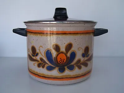 Vintage Enamel Crock Pot Stockpot Retro Flower Design • $32