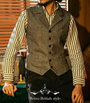 Hot Mens Wool Blend Vintage Tweed Herringbone Vest Lapel British Style Vest Tops • $52.19