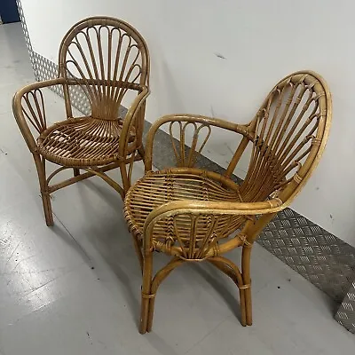 2 X 1970's Vintage Bamboo Woven Cane Wicker Chair Pair Boho Tiki • £99.99