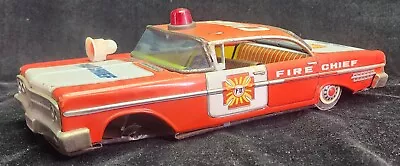 Vintage Tin Car Fire Chief Red White Friction Toy 12  READ DESCRIPTION • $49.99