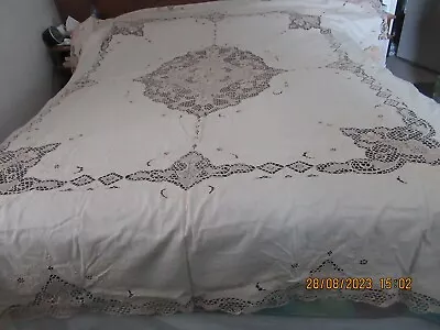 Antique Vintage  Embroidered Linen Tablecloth 82x98  Approx Italy • $32.95