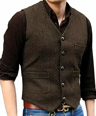 Mens Tweed Vest Wool Herringbone Western Cowboy Formal Casual Vests Large XL 2XL • $19.99