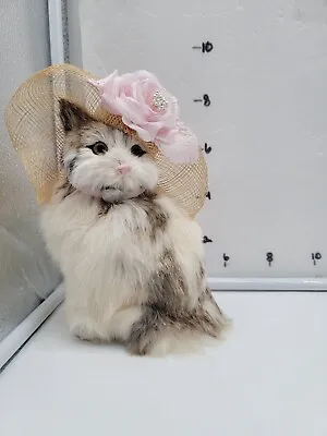 Vintage Real Rabbit Fur Dressed Cat/Kitten With Fancy Hat And Collar Figurine • $14.50