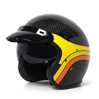 Carbon Fiber Open Face 3/4 Motorcycle Helmets Smoke Integrated Sun Visor Vintage • $274.08