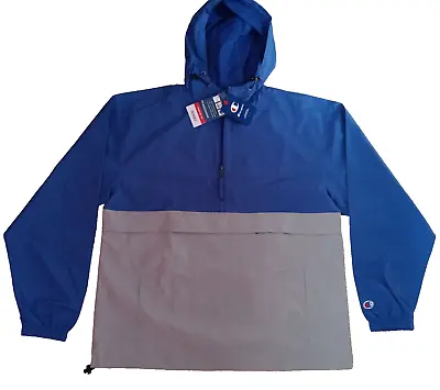 NWT Champion Mens ½ Zip Hooded Packable Windbreaker Jacket – Blue-Gray - Size M • $11.99