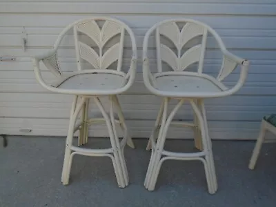 Pair Bamboo Barstools Rattan Palm Frond Leaf Reed 2 Regency Cottage Coastal Glam • $199