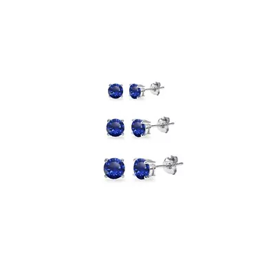 3 Pair Set Sterling Silver Created Blue Sapphire Round 3mm 4mm 5mm Stud Earrings • $27.99