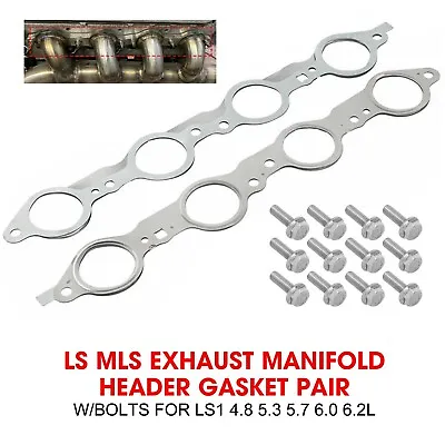 $25.99 • Buy LS MLS Exhaust Manifold Header Gasket Pair W Bolts For LS1 4.8 5.3 5.7 6.0 6.2
