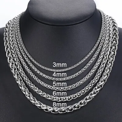 $8.54 • Buy 3/4/5/6/8mm Braided Wheat Chain Silver 316L Stainless Steel Men Women Necklace