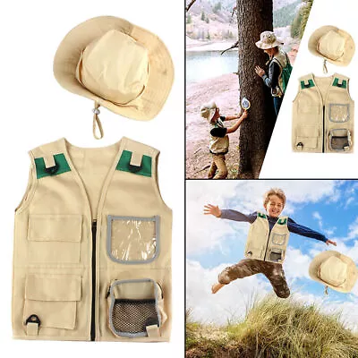 Kids Khaki Cargo Vest And Hat Set Safari Costume For Park Ranger Zoo Keeper • $31.90