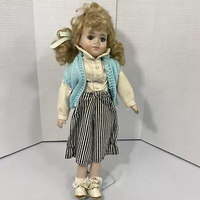 Vintage Nice Porcelain Doll With Stand Eyelashes Blue Sweater • $20
