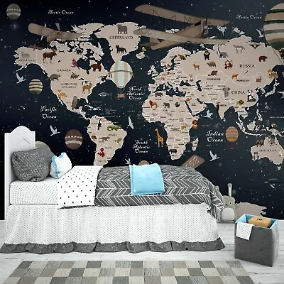Children's World Map With Animals Plane Mural Self-adhesive Or Regular Wallpaper • $13.80
