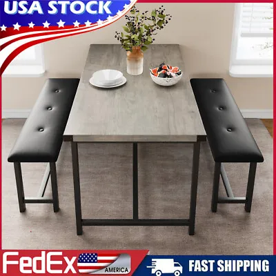Dining Set For 4 Wood Top Table And 2 PU Leather Upholstered Bench Small Kitchen • $135.95