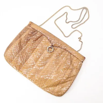 Morris Moskowitz Handbag Tan Brown Snake Skin Hinged Shoulder Strap Clutch LIned • $16.72