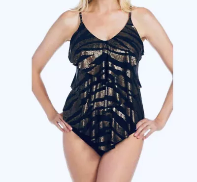 Magicsuit Tankini Shine On Rita Gold Metallic Zebra Tiered Swim Ruffle Top Sz 12 • $35