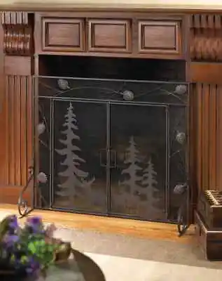 Woodland Forest Fireplace Screen  Decorative Black Iron Mesh 2 Door Spark Guard • $89.95