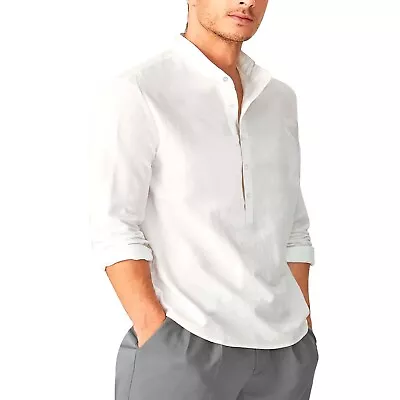 Mens Cuban Beach Linen Henley T-Shirt Casual Long Sleeve Dress Shirt Blouse Tops • $14.99
