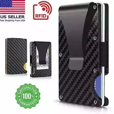 RFID Blocking Slim Money Clip Men's Carbon Fiber Credit Card Holder Metal Wallet • $8.99