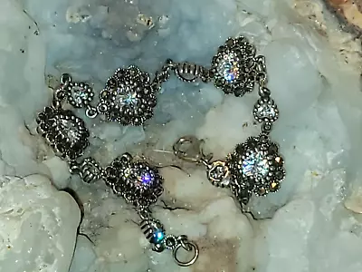 Sterling Silver ?Zirconia CZ & Marcasite Heart Station Bracelet 925K Thai • $65