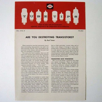 $4.70 • Buy CBS ® Vacuum Tube Tips Brochure - PA-213 Volume 2 No 2
