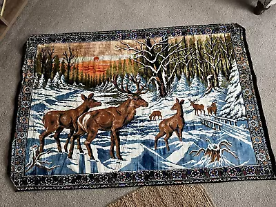 HUGE 1950-60s Velvet Tapestry Elk Deer Snowy Forest Wall Hanging RUG 6’+1” X 4’ • $27