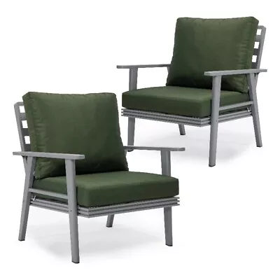 LeisureMod Walbrooke Outdoor Patio Grey Aluminum Armchairs Set Of 2 Green • $980.30