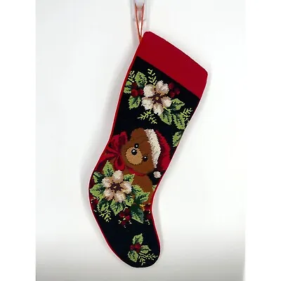 Vintage Needlepoint Christmas Stocking Teddy Bear Poinsettias Red Velvet Backing • $22.99
