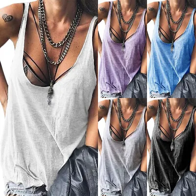 £9.47 • Buy Ladies Low Cut Vest Tank Tops Womens Summer Casual Sleeveless T-Shirt Blouse Tee