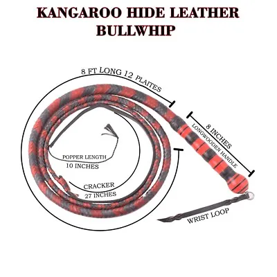 Kangaroo Hide Leather Bullwhip 08 Feet Long 16 Plait Indiana Jones Whip Handmade • $59.99