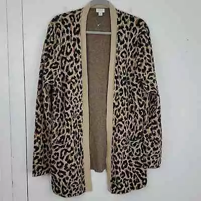 J Crew Leopard Cardigan Open No Close Longline Cotton Brown Black Womens XL • $28.50