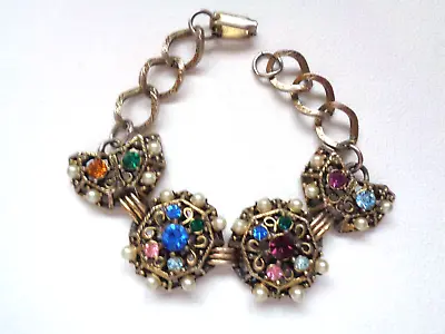 Vintage Gold Tone Multicolored Rhinestone & Faux Pearl Panel Link Chain Bracelet • $18