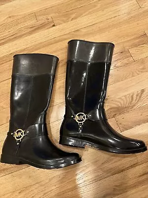 NEW Michael Kors Ulton Calf Rain Boots Shoes Size 8M Black Rubber Pull-On • $5.99