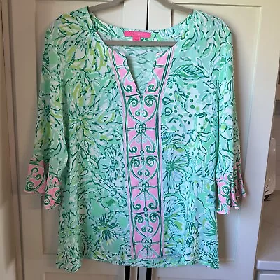 Lilly Pulitzer Top -multi Color/green/pink/white - Size L -3/4 Flutter Sleeve • $50