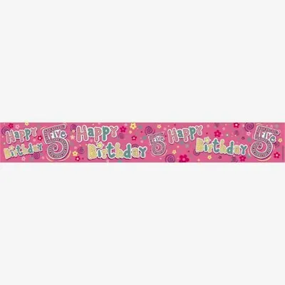 GIRLS 5th BIRTHDAY PARTY BANNER AGE 5 - PINK FIVE - Holographic -  FAST DISPATCH • £2.49