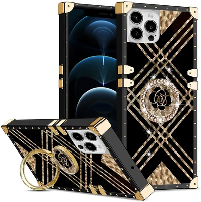 $11.03 • Buy Glitter Bling Gold Flower Square Case W/Ring For IPhone 13 12 11 Pro Max XS XR