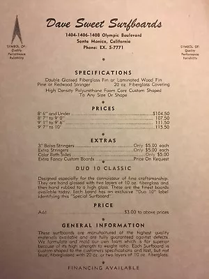 Dave Sweet Surfboards“price List”1960-70 Santa Monica/venice Surf(jacobsvelzy • $12