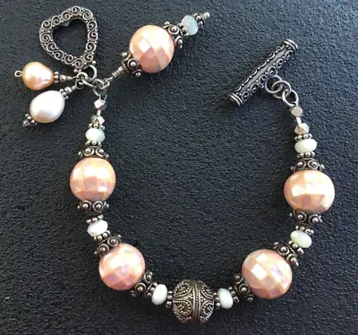 Vintage .925 Sterling Silver Peach Faceted Cultured Pearl Bead Bracelet 7  NICE • $54.99